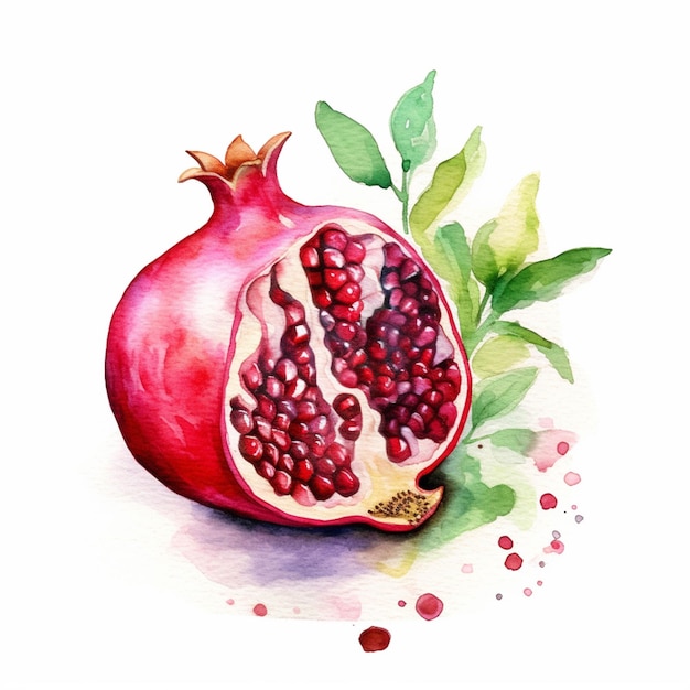 There is a watercolor painting of a pomegranate with leaves generative ai