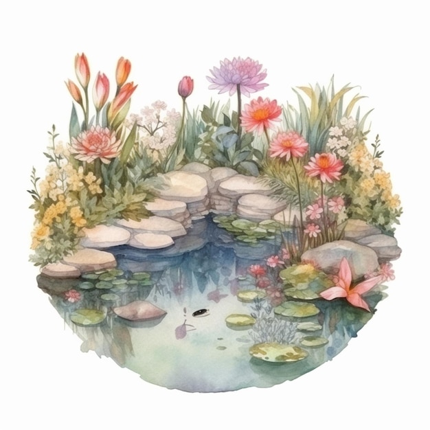 There is a watercolor painting of a pond with flowers and rocks generative ai