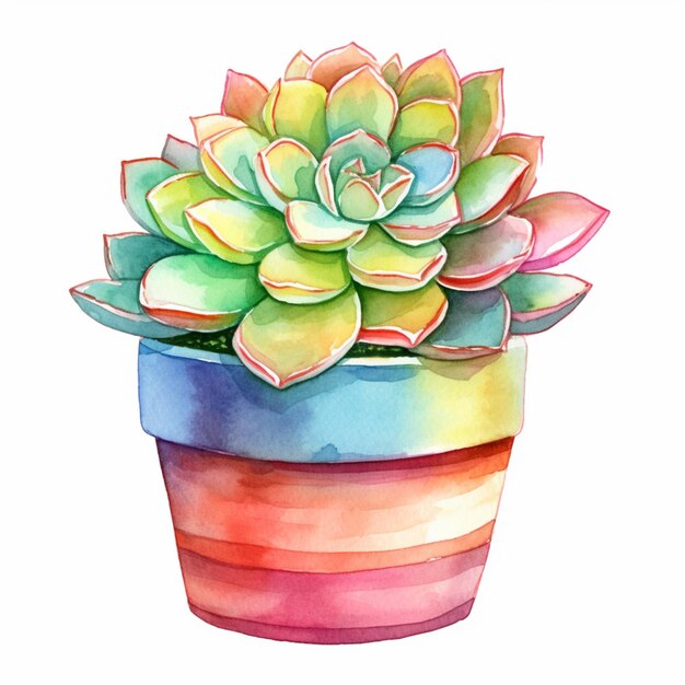 There is a watercolor painting of a potted plant with a rainbow stripe generative ai