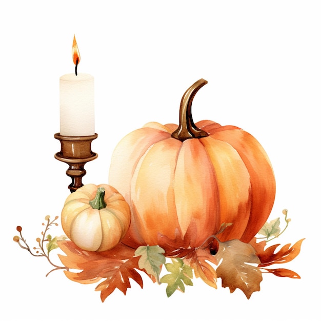 there is a watercolor painting of a pumpkin and a candle generative ai