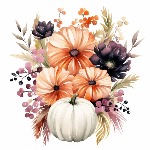 there is a watercolor painting of a pumpkin and flowers generative ai