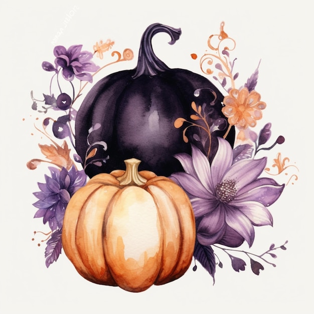 There is a watercolor painting of a pumpkin and flowers generative ai