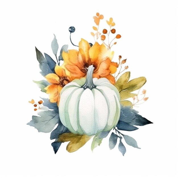 There is a watercolor painting of a pumpkin and flowers generative ai