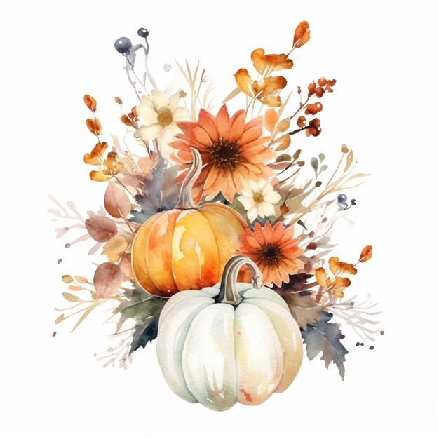 There is a watercolor painting of a pumpkin and flowers generative ai