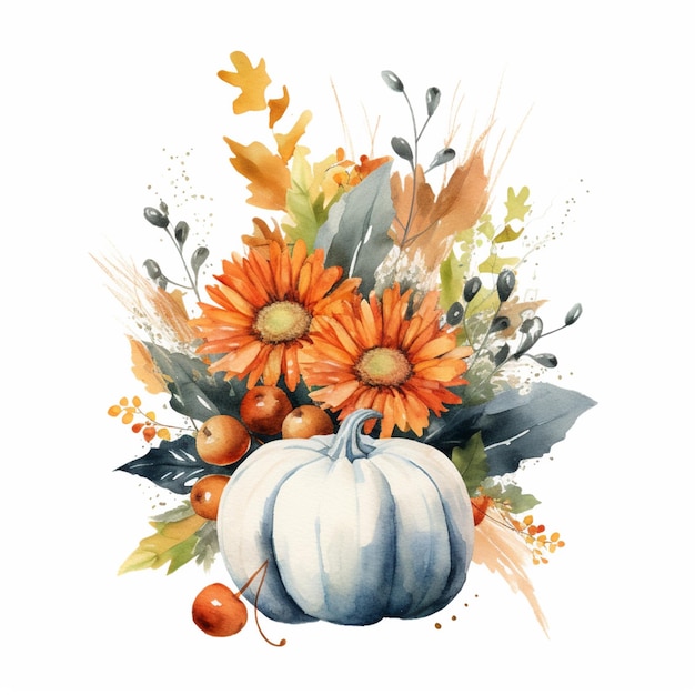 There is a watercolor painting of a pumpkin and flowers generative ai