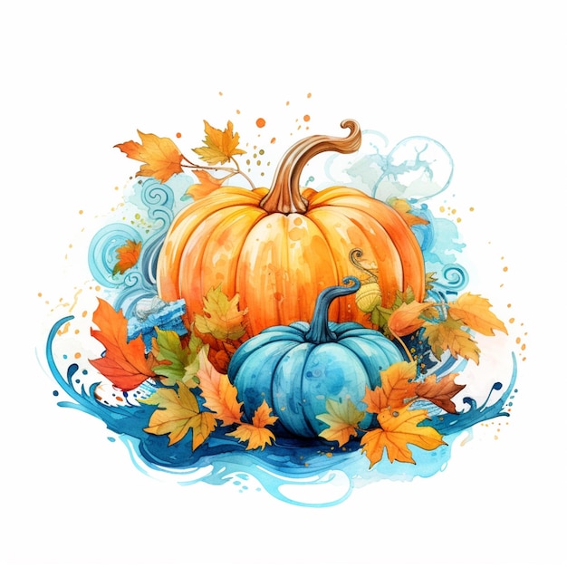 There is a watercolor painting of a pumpkin and leaves generative ai