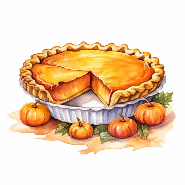 Photo there is a watercolor painting of a pumpkin pie with a slice taken out generative ai