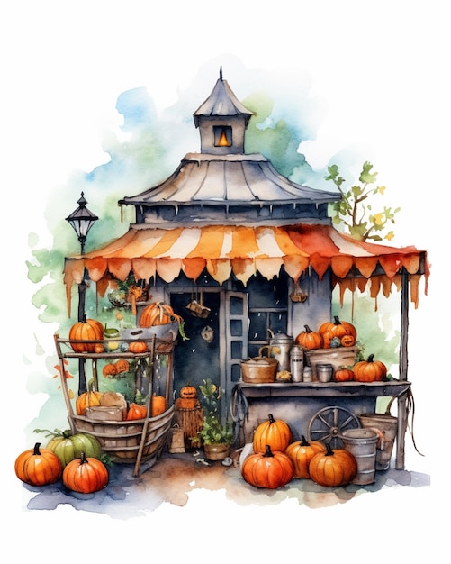 Photo there is a watercolor painting of a pumpkin stand with pumpkins generative ai