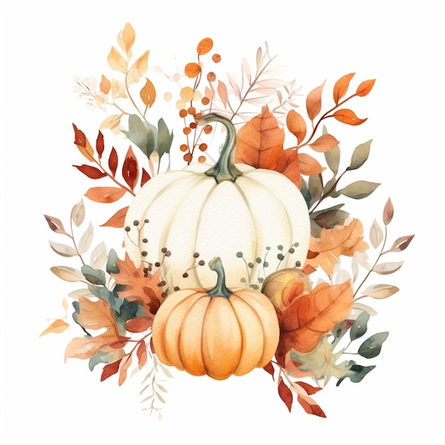there is a watercolor painting of a pumpkin surrounded by leaves generative ai