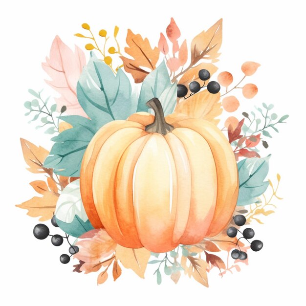 there is a watercolor painting of a pumpkin surrounded by leaves generative ai