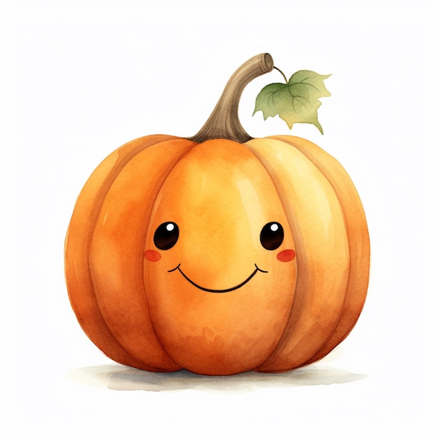 There is a watercolor painting of a pumpkin with a leaf on top generative ai