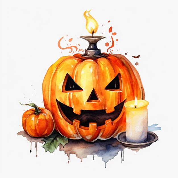 there is a watercolor painting of a pumpkin with a lit candle generative ai