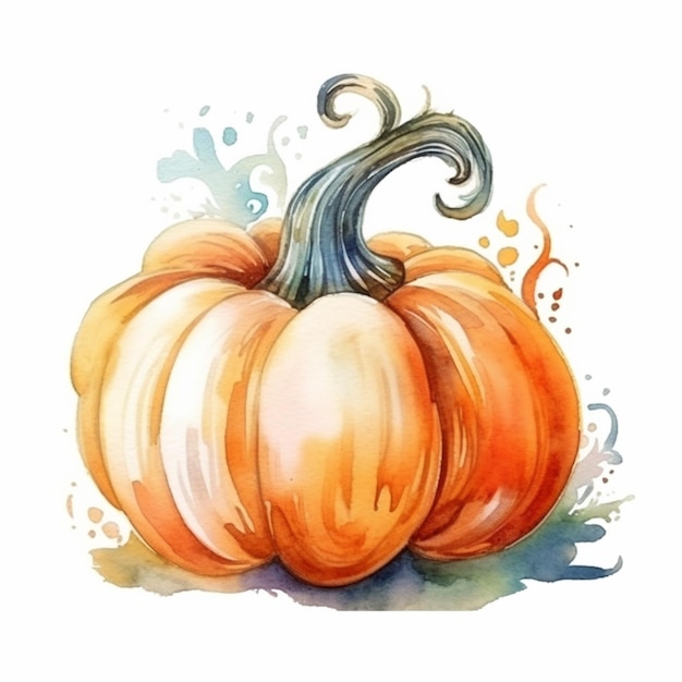 There is a watercolor painting of a pumpkin with a swirly top generative ai