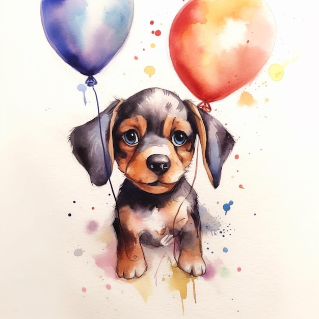 There is a watercolor painting of a puppy with a balloon generative ai