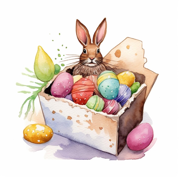 There is a watercolor painting of a rabbit in a box with eggs generative ai