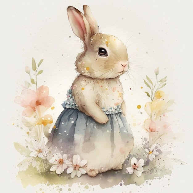 There is a watercolor painting of a rabbit in a dress generative ai