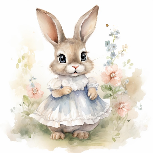 드레스를 입은 토끼의 수채화 그림이 있습니다.