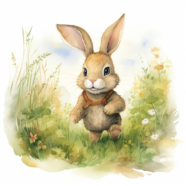 there is a watercolor painting of a rabbit in a field generative ai