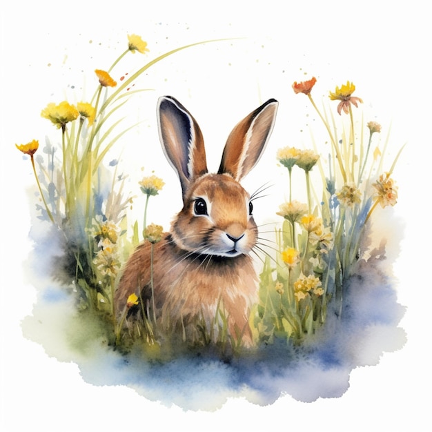 there is a watercolor painting of a rabbit in the grass generative ai