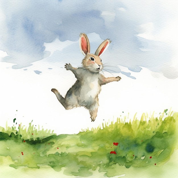 공중에 뛰어다니는 토끼의 수채화 그림이 있습니다.