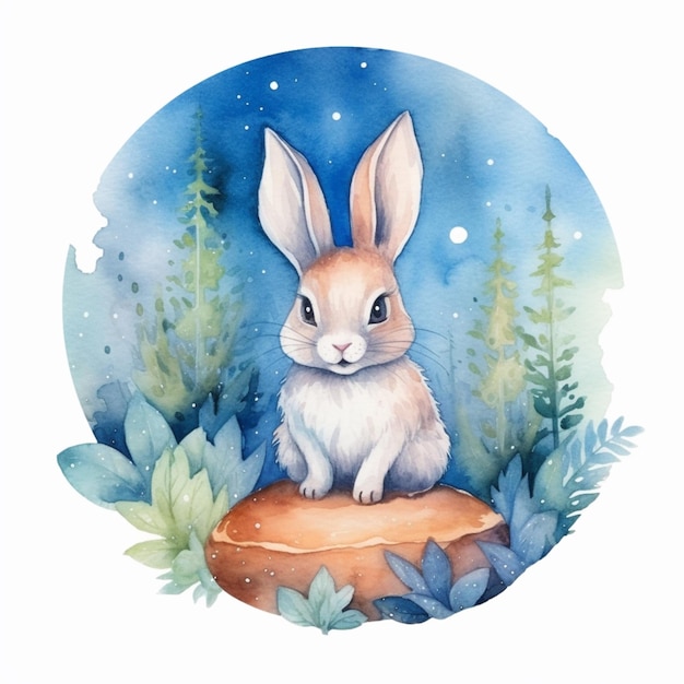 There is a watercolor painting of a rabbit sitting on a rock generative ai