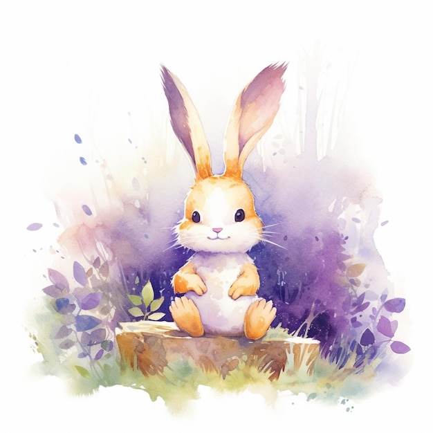 there is a watercolor painting of a rabbit sitting on a stump generative ai