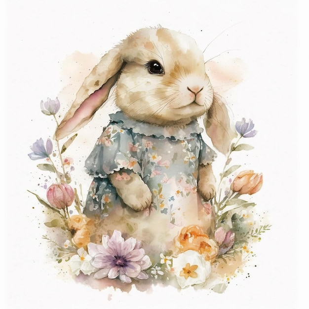 There is a watercolor painting of a rabbit wearing a dress generative ai