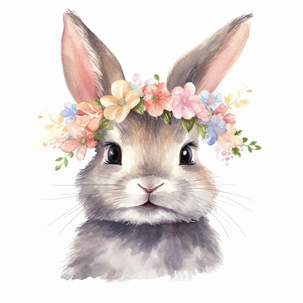 There is a watercolor painting of a rabbit wearing a flower crown generative ai