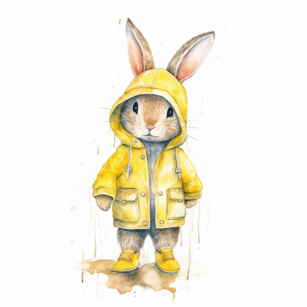 There is a watercolor painting of a rabbit wearing a raincoat generative ai