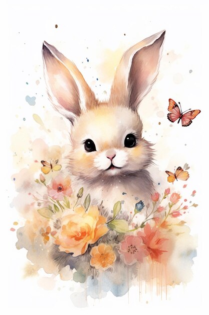 花と蝶を持つウサギの水彩画があります。生成 ai