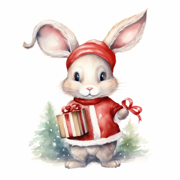 there is a watercolor painting of a rabbit with a gift generative ai