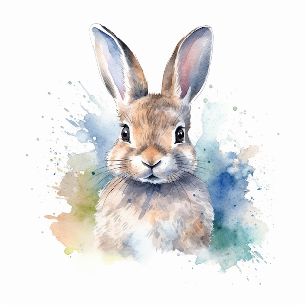 흰색 배경 생성 ai가 있는 토끼의 수채화 그림이 있습니다.