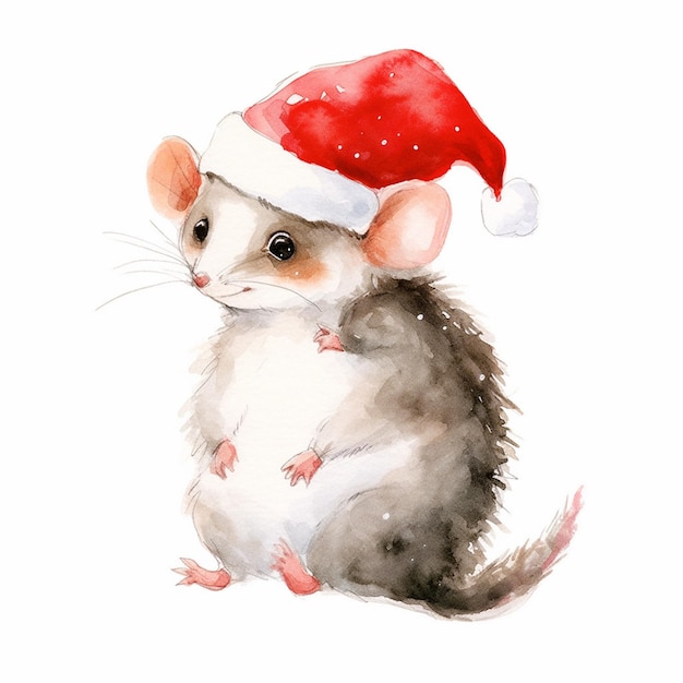 サンタ帽子をかぶったネズミの水彩画があります 生成AI