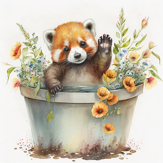 There is a watercolor painting of a red panda in a pot generative ai