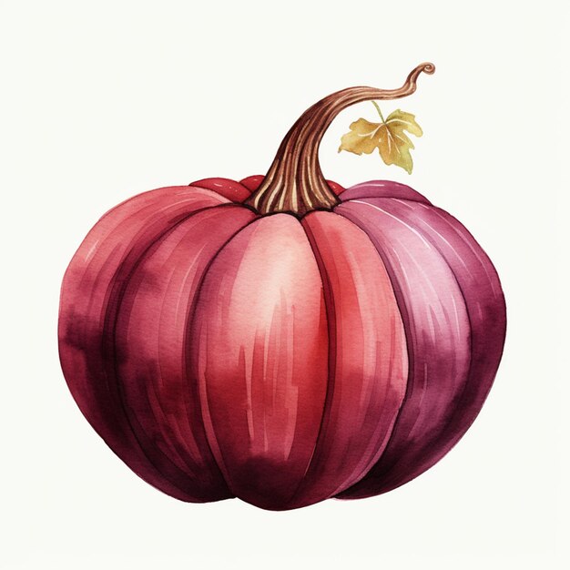 There is a watercolor painting of a red pumpkin with a leaf on it generative ai