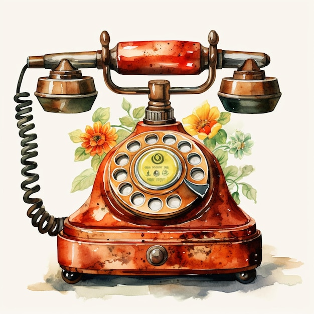 Photo there is a watercolor painting of a red telephone with flowers generative ai