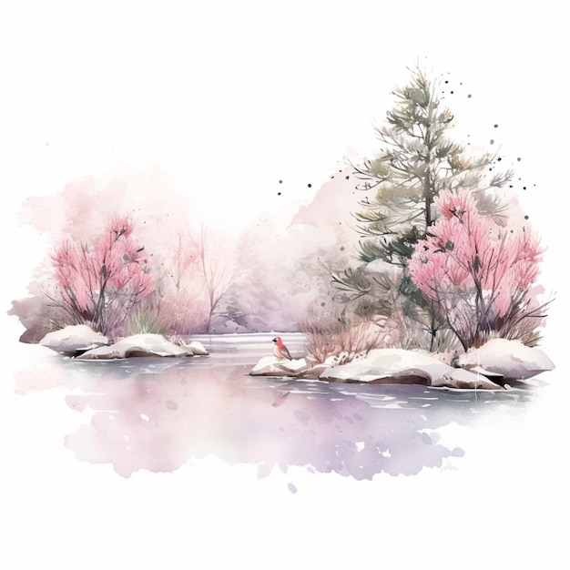 there is a watercolor painting of a river with trees and birds generative ai