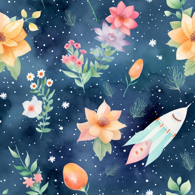 there is a watercolor painting of a rocket and flowers generative ai