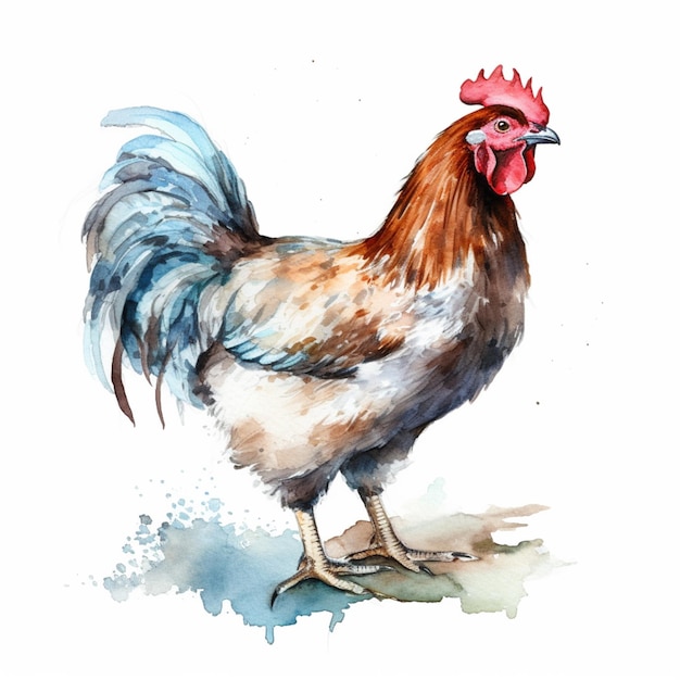 There is a watercolor painting of a rooster standing on a rock generative ai