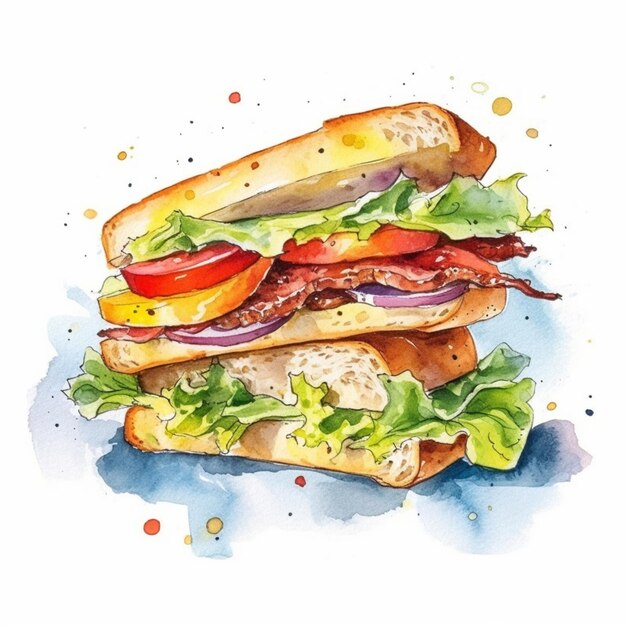 Есть акварельная картина сэндвича с салатами и помидорами.