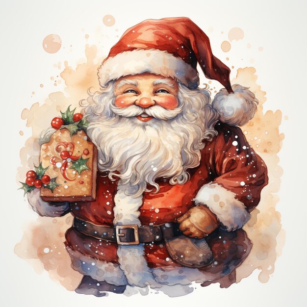 There is a watercolor painting of a santa claus holding a box of presents generative ai