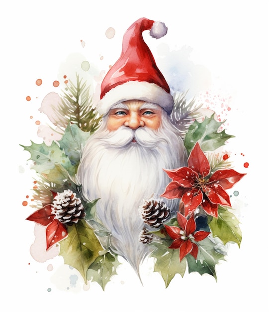 there is a watercolor painting of a santa claus with holly leaves generative ai