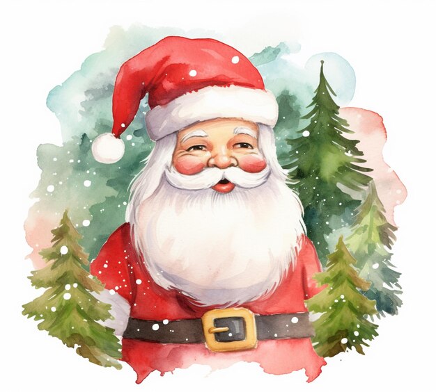 Photo there is a watercolor painting of a santa claus with trees generative ai