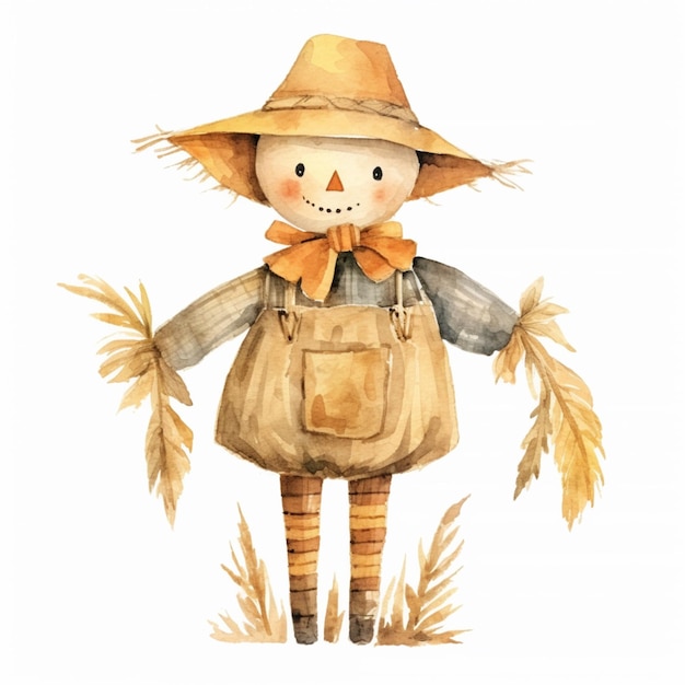 there is a watercolor painting of a scare with a hat and a bag generative ai