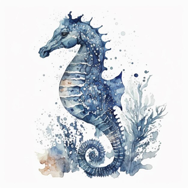 Photo there is a watercolor painting of a sea horse in the ocean generative ai