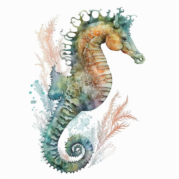 海馬とサンゴの水彩画が描かれています