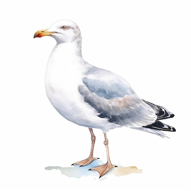 There is a watercolor painting of a seagull standing on the beach generative ai