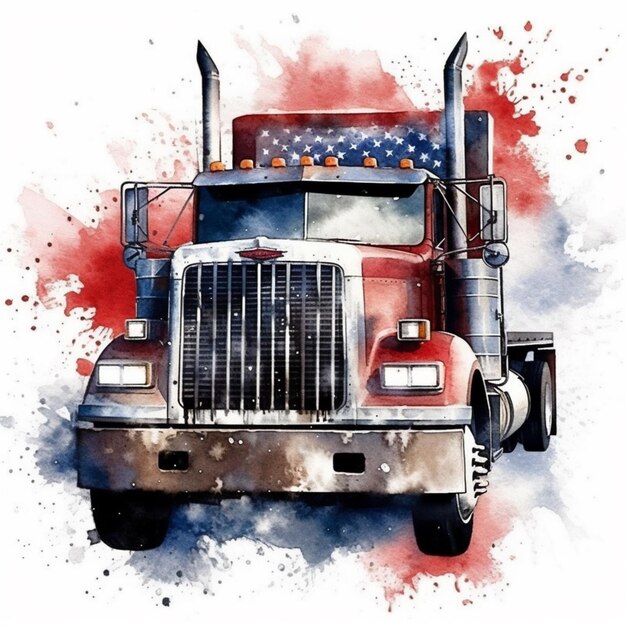 There is a watercolor painting of a semi truck with a flag on the front generative ai