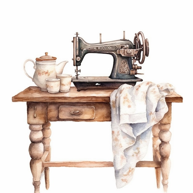 На столе есть акварельная картина швейной машины.