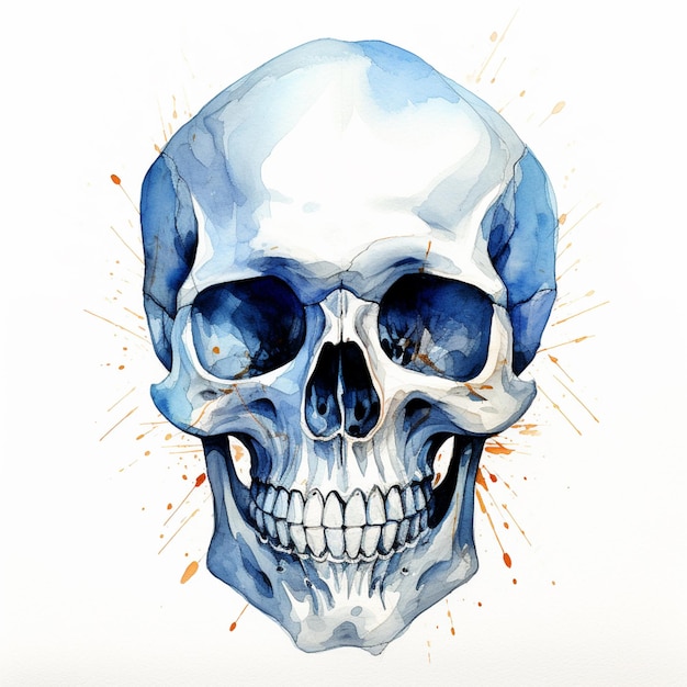 there is a watercolor painting of a skull with a blue and white face generative ai